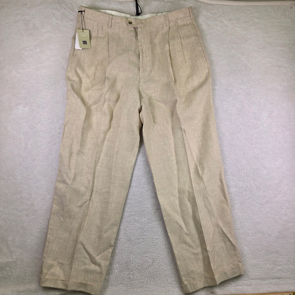 Jos A Bank Signature Collection Mens Beige Pleated Linen Dress Pants 40x30 NWT